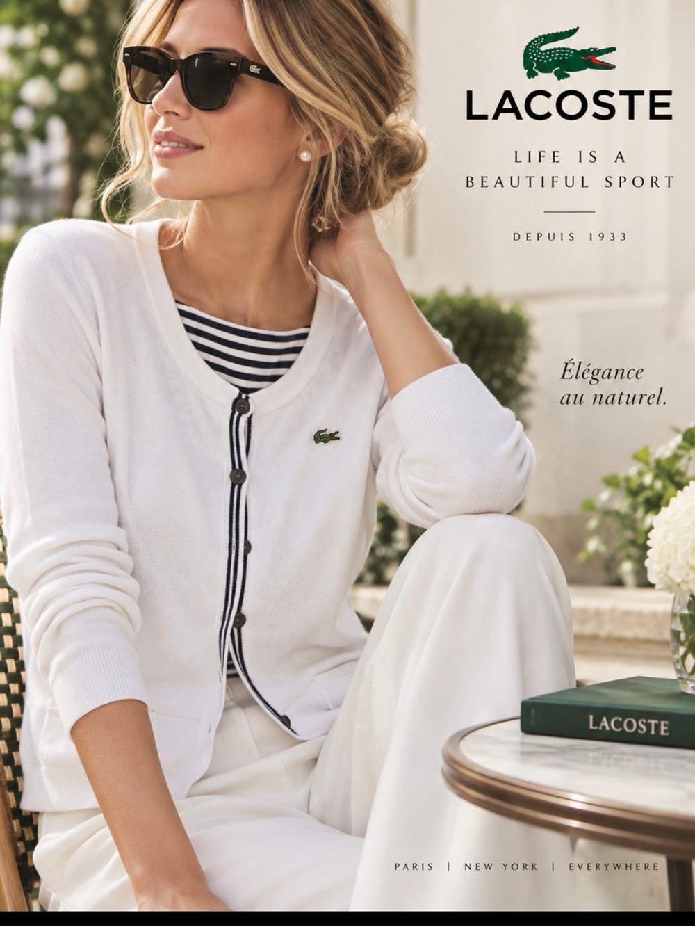 Women’s Lacoste White Cardigan with Navy Trim and Green Crocodile Medium